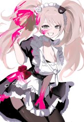 1girl apron black_dress black_thighhighs bow breasts cleavage danganronpa:_trigger_happy_havoc danganronpa_(series) dress enoshima_junko frilled_apron frills grin hair_ornament highres hsk10107 long_hair maid maid_apron maid_headdress official_alternate_costume puffy_short_sleeves puffy_sleeves short_sleeves smile teeth thighhighs twintails white_apron