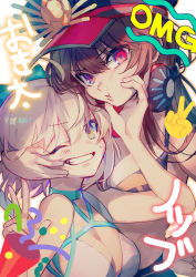 2girls bikini blonde_hair blue_bow blush bow breasts brown_hair cheek_pinching cleavage fate/grand_order fate_(series) hair_ornament hat headphones looking_at_viewer mebaru medium_breasts multiple_girls oda_nobunaga_(fate) oda_nobunaga_(koha-ace) oda_nobunaga_(swimsuit_berserker)_(fate) oda_nobunaga_(swimsuit_berserker)_(second_ascension)_(fate) okita_j._souji_(fate) okita_j._souji_(third_ascension)_(fate) okita_souji_(fate) okita_souji_(koha-ace) one_eye_closed pinching red_eyes short_hair swimsuit teeth upper_body v