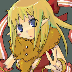 1girl 2000s_(style) animal animal_around_neck bad_id blonde_hair blue_eyes blush bow breasts dress fox green_background hair_bow itou_izumo long_hair looking_at_viewer lowres medium_breasts oekaki open_mouth professor_(ragnarok_online) ragnarok_online red_bow red_dress simple_background sleeveless sleeveless_dress solo upper_body w