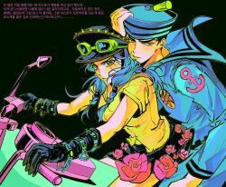 1_22sssam 1boy 1girl anchor_print black_hair black_hat blue_hair blue_hat blue_sailor_collar braid comic_cover_redraw commentary commentary_request compass_rose derivative_work dixie_cup_hat flower_ornament gloves goggles goggles_on_headwear green_eyes green_lips hat higashikata_josuke_(jojolion) highres hirose_yasuho jojo_no_kimyou_na_bouken jojolion korean_commentary korean_text long_hair makeup military_hat motor_vehicle motorcycle on_motorcycle riding sailor sailor_collar shirt short_hair skirt yellow_shirt