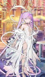 1girl akira_(kaned_fools) anklet arm_at_side bare_shoulders barefoot breasts chair choker commentary_request dress euryale_(fate) euryale_(celebratory_attire)_(fate) fate/grand_order fate_(series) flower hair_flower hair_ornament hairband halo halo_behind_head jewelry long_hair looking_at_viewer official_art outdoors plunging_neckline purple_choker purple_eyes purple_hair side_slit small_breasts smile solo standing strapless strapless_dress table twintails white_dress white_flower white_hairband