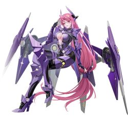1girl absurdly_long_hair armor armored_boots black_bodysuit black_gloves bodysuit boots breasts center_opening cleavage crossed_legs fingerless_gloves full_body gloves headgear high_heels invisible_chair large_breasts long_hair looking_at_viewer low-tied_long_hair mecha_musume mechanical_wings official_art pink_hair rasiel_(starward) red_eyes shoulder_armor sitting smile solo starward transparent_background very_long_hair wings
