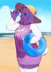 1girl adapted_costume adjusting_clothes adjusting_headwear animal_ears arm_up beach bebebe blue_eyes blue_sky blush breasts claws cloud collarbone cowboy_shot day dress fang female_focus furry furry_female goat_ears goat_horns goat_tail hand_up hat holding horns innertube large_breasts ocean open_mouth outdoors purple_dress signature sky sleeveless sleeveless_dress smile solo straw_hat sun_hat sweat swim_ring tail toriel undertale water