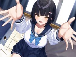1girl :d absurdres black_hair blue_sailor_collar blue_skirt blunt_bangs blush breasts brown_eyes cleavage collarbone commentary_request hair_ornament hairclip highres kurousagi_yuu large_breasts long_sleeves looking_at_viewer lower_teeth_only mimikaki non-web_source open_mouth original outstretched_arms pleated_skirt sailor_collar school_uniform shirt short_hair sitting skirt smile solo teeth white_shirt window