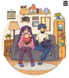 1boy 1girl alternate_costume aranara_(genshin_impact) artist_name black_pantyhose black_shirt black_sleeves black_socks blue_eyes blue_hair blue_pants book bookshelf breasts candle candlelight casual cat-shaped_pillow cleavage closed_mouth collarbone contemporary creatures_(company) cropped_shirt crossed_legs domestic enerochinarts expressionless eyelashes fish fishbowl full_body game_freak gen_7_pokemon genshin_impact grass hand_on_own_thigh highres holding holding_phone indoors jacket knees_together_feet_apart lamppost layered_shirt layered_sleeves long_hair long_sleeves looking_at_viewer mimikyu mona_(genshin_impact) nintendo off-shoulder_shirt off_shoulder pants pantyhose pencil_case phone picture_frame pink_jacket pink_sleeves plant pokemon potted_plant pou pou_(game) projector purple_eyes purple_hair purple_shorts rug scaramouche_(cat)_(genshin_impact) scaramouche_(genshin_impact) shirt short_sleeves shorts side-by-side sitting slippers smile socks stuffed_animal stuffed_toy teddy_bear turtleneck turtleneck_shirt twintails vase very_long_hair water white_sleeves