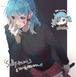 1boy black_background black_shirt blood blood_on_clothes blood_on_face blood_on_hands bloody_knife blue_eyes blue_hair brown_pants chibi chibi_inset commentary commentary_request cowboy_shot earrings hand_on_own_face hand_up holding holding_knife jewelry knife long_sleeves looking_at_viewer male_focus oboreru_syake pants sal_fisher sally_face shirt short_twintails solo translation_request twintails white_background white_mask