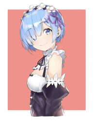1girl black_dress black_ribbon black_sleeves blue_eyes blue_hair border breasts closed_mouth commentary cropped_torso detached_sleeves dress from_side hair_ornament hair_ribbon looking_at_viewer maid maid_headdress medium_breasts neck_ribbon outside_border purple_ribbon re:zero_kara_hajimeru_isekai_seikatsu red_background rem_(re:zero) ribbon ryou_(ponpgo) short_hair smile solo white_border x_hair_ornament