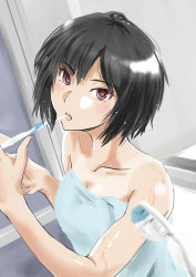 1girl amagami bare_shoulders bathroom black_hair blurry blurry_foreground blush bob_cut breasts brown_eyes brushing_teeth cleavage collarbone commentary depth_of_field looking_at_viewer medium_breasts messy_hair murasaki_iro naked_towel nanasaki_ai open_mouth pov short_hair solo tan tanline toothbrush toothbrush_in_mouth towel upper_body wet