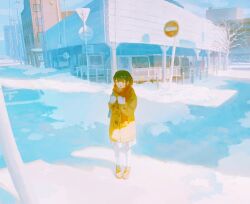 1girl ankle_socks aqua_bag bag black_hair blunt_bangs blush blush_stickers brown_eyes building car cityscape coat fjsmu gloves highres loafers motor_vehicle open_mouth original outdoors pink_shoes pleated_skirt red_scarf road road_sign scarf scenery shoes short_hair shoulder_bag sign skirt snow socks solo street swept_bangs white_gloves white_skirt winter