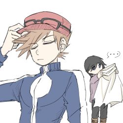 Rule 34 | 2boys, blue oak, blue oak (cosplay), calem (pokemon), calem (pokemon) (cosplay), cloak, cosplay, costume switch, eyewear on headwear, hat, jacket, multiple boys, nintendo, pokemon, pokemon adventures, purple shirt, red hat, riceball (gohan gin), shirt, spiked hair, sunglasses, turtleneck, turtleneck jacket, white cloak