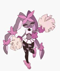 1girl animal_ears animal_hands animal_nose black_sclera body_fur brown_fur closed_eyes clothed_pokemon colored_sclera crop_top full_body furry furry_female gen_4_pokemon highres looking_at_viewer lopunny masayo_(skip) mega_lopunny mega_pokemon miniskirt nintendo open_mouth pantyhose pink_fur pokemon pokemon_(creature) pom_pom_(cheerleading) rabbit_ears rabbit_girl shirt simple_background skirt solo standing torn_clothes torn_pantyhose white_background white_shirt white_skirt