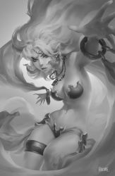 1girl artist_name barbariccia bikini breasts cleavage female_focus final_fantasy final_fantasy_iv greyscale hozure jewelry long_hair medium_breasts monochrome navel outstretched_hand pointy_ears signature solo swimsuit thighlet very_long_hair