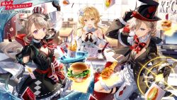 1boy 2girls animal_ears artist_request bare_shoulders black_corset black_dress black_gloves blonde_hair bow brother_and_sister burger card cash_register cat_ears cat_girl chair chicken_(food) chicken_leg chicken_sandwich cleavage_cutout clothing_cutout commentary_request corset cup detached_sleeves disposable_cup dress facial_mark facial_tattoo flower food food_wrapper french_fries frills from_above genshin_impact gloves grey_hair hair_between_eyes hair_flower hair_ornament hat indoors kfc lettuce long_hair looking_at_viewer lumine_(genshin_impact) lynette_(genshin_impact) lynette_(kfc)_(genshin_impact) lyney_(genshin_impact) lyney_(kfc)_(genshin_impact) multiple_girls official_alternate_costume official_art parted_bangs partially_fingerless_gloves playing_card purple_eyes romper scarf short_hair_with_long_locks shorts siblings sidelocks sitting star_(symbol) star_facial_mark star_tattoo table tattoo teardrop_facial_mark teardrop_tattoo tile_floor tiles top_hat translation_request tray white_dress white_flower white_romper white_scarf white_shorts wide_sleeves window yellow_eyes