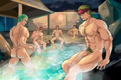 5boys abs absurdres armpit_hair armpit_hair_peek ass bara barst_(fire_emblem) blonde_hair blue_hair chest_hair commentary commission completely_nude dieck_(fire_emblem) dumart_(dunbans) english_commentary eyepatch facial_hair fire_emblem fire_emblem:_mystery_of_the_emblem fire_emblem:_the_binding_blade fire_emblem:_the_sacred_stones fire_emblem_echoes:_shadows_of_valentia flaccid gerik_(fire_emblem) goatee green_hair highres in-franchise_crossover jesse_(fire_emblem) large_pectorals male_focus male_pubic_hair multiple_boys muscular muscular_male nintendo nipples nude onsen pectorals penis pubic_hair saber_(fire_emblem) scar scar_on_face short_hair sitting variant_set