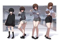 1girl age_progression annoyed ass_expansion black_eyes black_footwear black_hair black_hoodie black_skirt black_socks blush breast_expansion breasts brown_hair clare_(erasethismail) clipboard commentary covered_erect_nipples english_commentary erasethismail glasses grabbing_own_breast grey_panties hair_over_one_eye high_heels highres holding holding_clipboard holding_paper holding_removed_eyewear hood hood_down hoodie medium_breasts medium_hair office office_lady one_eye_covered open_mouth original panties paper papers parted_lips short_hair skirt small_breasts smile smug socks transformation underwear unworn_eyewear