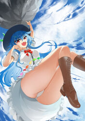 1girl absurdres arm_up ass black_hat blue_hair blue_sky boots bow bowtie brown_boots day floating_hair foot_out_of_frame frilled_skirt frills from_below hand_on_own_cheek hand_on_own_face hand_up hat hat_ornament highres hinanawi_tenshi index_finger_raised lace-up_boots leaf leaf_hat_ornament long_hair looking_at_viewer open_mouth outdoors panties rainbow_order red_bow red_bowtie red_eyes rihua_(shichangcwy) shirt short_sleeves skirt sky smile solo thighs touhou underwear upskirt very_long_hair white_panties white_shirt
