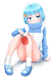Rule 34 | 1girl, aqua eyes, aqua hair, carrot hair ornament, covered mouth, female focus, food-themed hair ornament, hair bun, hair ornament, highres, itsumo hokuto, jacket, paddle, pengin maru, sha (shareddelicious), shakunetsu no takkyuu musume, shoes, side bun, single side bun, sitting, sneakers, socks, solo, table tennis paddle, thighs, topknot, track jacket