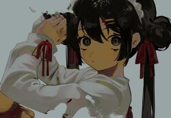 1girl black_hair double_bun hair_bun hair_ornament hair_ribbon hands_up highres long_hair long_sleeves looking_at_viewer original red_ribbon ribbon simple_background solo toasu upper_body