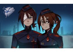 2girls alina_seo black_jacket broken_moon brown_eyes brown_hair city decayedparasite garrison_cap gauze gauze_over_eye hair_ornament hairclip hat high_ponytail jacket lilith_itou_(signalis) long_hair low_ponytail medal military_jacket military_uniform moon multiple_girls ponytail red_eyes ruins scar scar_on_face short_hair signalis twitter_username