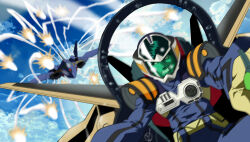 1boy aerial_battle battle canopy_(aircraft) chasing clenched_teeth cloud cloudy_sky commentary_request contrail dogfight duel gloves highres isamu_dyson itano_circus looking_to_the_side macross macross_plus mecha_pilot_suit missile pilot science_fiction sky teeth variable_fighter y-ohkubo yf-19 yf-21