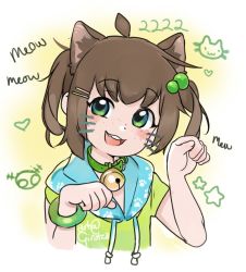 1girl ahoge animal_collar animal_ears bell blue_collar blue_eyes blue_hoodie blush breasts cat cat_drawing cat_ears cat_girl child collar collar_bell ears english_text eyelashes facial_mark freckles girutea green_collar green_eyes green_hair_ornament green_shirt hand_up hands_up heart hood hoodie indie_virtual_youtuber lily_hopkins looking_at_viewer maneki-neko medium_breasts medium_hair multicolored_eyes neck_bell open_mouth paw_print paw_print_pattern raised_eyebrows shirt star_(symbol) t-shirt teeth tongue upper_body upper_teeth_only virtual_youtuber whisker_markings whisker_marks whiskers wristband
