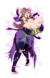 1girl absurdres age_progression aura blue_pants bouncing_breasts breast_expansion breasts brown_footwear brown_hair cleavage commission corruption darkness digimon digimon_ghost_game dress gigantic_breasts gold_claws golden_horn green_dress highres huge_breasts lilithmon lipstick mainkore makeup mankor nail_polish panties pants pink_eyes purple_lips reincarnation solo spirit third-party_edit toenail_polish toenails torn_clothes transformation tsukiyono_ruli underwear