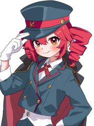 1girl alternate_costume blush buttons cape closed_mouth cross_tie double-breasted drill_hair gloves grey_hat grey_jacket hand_on_headwear hand_up haru_maron hat highres jacket kasane_teto long_sleeves looking_at_viewer military_uniform peaked_cap red_cross_tie red_eyes red_hair shirt simple_background smile solo twin_drills upper_body utau white_background white_gloves white_shirt
