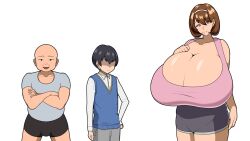 1girl 2boys bald bare_arms bare_shoulders black_hair bloomers breasts brown_hair cleavage colorized dress faceless faceless_male gigantic_breasts hairband hand_on_own_chest huge_breasts looking_at_viewer mature_female medium_hair multiple_boys noeighteen- open_mouth original pink_dress short_hair standing tagme thighs underwear