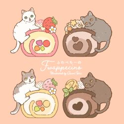 absurdres animal animal_focus baby_animal black_cat cake cat commentary_request dessert food food_focus fruit fwappecino grey_cat highres kitten no_humans orange_background original pastry simple_background strawberry sweets swiss_roll white_cat