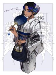 Rule 34 | 1girl, alternate costume, alternate hairstyle, asymmetrical hair, black hair, blue eyes, blue nails, blue sash, commentary request, eyelashes, flower, geeta (pokemon), hair flower, hair ornament, hand fan, highres, holding, japanese clothes, kimono, nail polish, nintendo, oysm tmwrchan, pokemon, pokemon sv, sash, solo, translation request, twitter username, watermark, white kimono