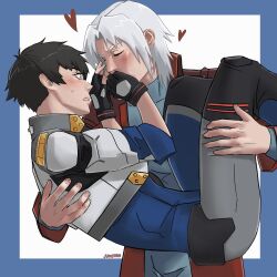 1boy 1girl armor artist_name black_hair blush bodysuit carrying closed_eyes dante_(devil_may_cry) devil_may_cry_(netflix) devil_may_cry_(series) heart highres jacket jumpoon lady_(devil_may_cry) princess_carry red_jacket shirt simple_background sweatdrop white_hair