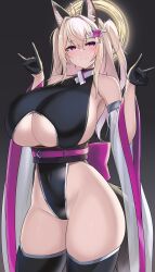 1girl absurdres ahoge animal_ears black_gloves black_leotard black_thighhighs blonde_hair breasts closed_mouth clothing_cutout covered_navel cowboy_shot deep_skin detached_sleeves fox fox_ears fox_girl fox_shadow_puppet fox_tail gloves gradient_background grey_background hair_between_eyes half-closed_eyes half_gloves halo highres huge_breasts kutan leotard original pink_eyes pinwheel_hair_ornament sideboob smile solo tail thighhighs two_side_up underboob underboob_cutout very_long_sleeves