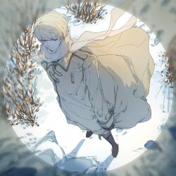 1boy arrow_(symbol) axis_powers_hetalia axygen black_boots black_gloves blonde_hair boots closed_mouth coat collared_coat day floating_clothes full_body gloves hair_between_eyes half-closed_eyes long_sleeves looking_at_viewer male_focus medal outdoors purple_eyes russia_(hetalia) scarf shadow short_hair snow solo standing star_ornament weeds white_coat white_scarf winter
