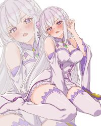 1girl absurdres bare_shoulders blush breasts cleavage dress elf emilia_(re:zero) flower hair_flower hair_ornament highres long_hair medium_breasts open_mouth pointy_ears purple_eyes purple_trim re:zero_kara_hajimeru_isekai_seikatsu simple_background solo sweat thighhighs warg_game white_dress white_flower white_hair zoom_layer