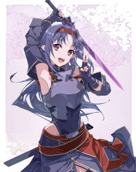 1girl absurdres armor armpits arms_up breastplate gloves hairband headband highres holding holding_sword holding_weapon looking_at_viewer obsidian_slasher open_mouth pointy_ears purple_armor purple_gloves purple_hair purple_sleeves red_eyes red_hairband red_headband sword sword_art_online weapon yoru_kiri yuuki_(sao)