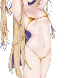 1girl absurdres amanogawa_shiina armpits arms_behind_head bikini blonde_hair blue_hair breasts colored_inner_hair commentary cowboy_shot english_commentary gold_bikini head_out_of_frame highres long_hair multicolored_hair navel phase_connect simple_background small_breasts solo stomach swimsuit tenshi++ very_long_hair virtual_youtuber white_background