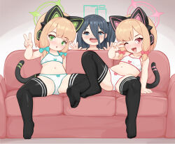 3girls :3 :o animal_ear_headphones animal_ears aqua_halo aris_(blue_archive) batazungharn black_hair black_thighhighs blonde_hair blue_archive blue_bow blush bow bow_bra bow_panties bra breasts cat_ear_headphones cat_ears cat_tail commentary couch fake_animal_ears fake_tail green_halo hair_bow halo headphones highres loli looking_at_viewer low-tied_sidelocks midori_(blue_archive) momoi_(blue_archive) multiple_girls navel on_couch one_side_up open_mouth paid_reward_available panties pink_halo rectangular_halo red_bow short_hair sidelocks sitting small_breasts tail teeth thighhighs underwear upper_teeth_only v variant_set white_bra white_panties