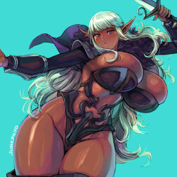 1girl absurdres breasts cleavage curvy dark-skinned_female dark_elf dark_skin elf highres huge_breasts junkpuyo long_hair pointy_ears railanor_(unicorn_overlord) solo sword thick_thighs thighs unicorn_overlord weapon white_hair wide_hips