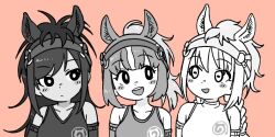3girls :d animal_ears blush brown_thoroughbred_(kemono_friends) bseibutsu chestnut_thoroughbred_(kemono_friends) closed_mouth expressionless greyscale_with_colored_background hairband high_ponytail horse_ears horse_girl kemono_friends long_hair looking_at_another looking_to_the_side medium_hair multiple_girls open_mouth pink_background ponytail shirt simple_background sleeveless sleeveless_shirt smile tank_top white_thoroughbred_(kemono_friends)