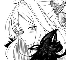 1girl ahoge blue_archive blush close-up commentary_request from_side greyscale hair_ornament hair_ribbon hairclip hatching_(texture) hayoo_ww hina_(blue_archive) horns linear_hatching looking_at_viewer monochrome parallel_hairclips parted_lips portrait ribbon sidelocks solo