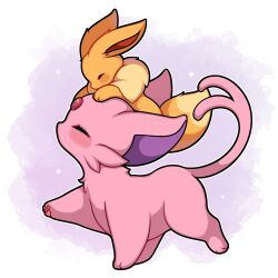 Rule 34 | absurdres, animal focus, blush, closed eyes, eevee, espeon, evolutionary line, forehead jewel, gen 1 pokemon, gen 2 pokemon, happy, highres, nintendo, no humans, on head, pokemon, pokemon (creature), sevi (seviyummy), sidelocks