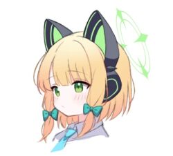 1girl animal_ear_headphones animal_ears aqua_necktie bad_id bad_twitter_id blonde_hair blue_archive blunt_bangs blush bow cat_ear_headphones cat_ears closed_mouth code_3dr collared_shirt cropped_shoulders fake_animal_ears green_bow green_eyes green_halo hair_bow halo headphones image_sample looking_ahead low-tied_sidelocks medium_hair midori_(blue_archive) multiple_hair_bows necktie parted_bangs portrait shirt sidelocks solo twitter_sample white_shirt