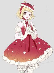 1girl bare_shoulders blonde_hair blunt_bangs bow bowtie brooch brown_eyes buttons chinese_commentary commentary cowboy_shot detached_sleeves dot_nose dress flat_color food_print frilled_dress frilled_gloves frilled_sleeves frilled_thighhighs frills gloves grey_background happy hat headband heart heart_brooch highres jewelry mushroom_hat mushroom_mirth_(shining_nikki) mushroom_print nikki_(series) open_mouth own_hands_together plant puffy_short_sleeves puffy_sleeves red_bow red_bowtie red_dress red_hat red_headband shining_nikki shirt shirt_under_dress short_dress short_hair short_sleeves simple_background sleeveless sleeveless_dress smile solo standing striped_clothes striped_thighhighs tareme thighhighs vertical-striped_clothes vertical-striped_thighhighs vines waist_bow white_gloves white_shirt white_sleeves white_thighhighs youyidianqingming