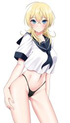 Rule 34 | 1girl, black neckerchief, black panties, black sailor collar, blonde hair, blue eyes, blush, closed mouth, cosplay, cowboy shot, groin, hair between eyes, highres, kantai collection, medium hair, navel, neckerchief, panties, sailor collar, school uniform, serafuku, simple background, solo, ta-class battleship, ta-class battleship (cosplay), tuscaloosa (kancolle), underwear, white background, yomogi dango