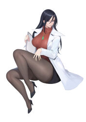 Rule 34 | 1girl, black hair, black shoes, black skirt, bobobong, breasts, clipboard, closed mouth, earrings, fingernails, full body, gem, glasses, green gemstone, hair between eyes, hand on own thigh, high heels, highres, holding, holding clipboard, jewelry, justice gakuen, knee up, lab coat, large breasts, legs, long hair, minazuki kyouko, necklace, pantyhose, patent heels, pencil skirt, pendant, pumps, red sweater, ribbed sweater, shoes, single earring, sitting, skirt, solo, stiletto heels, sweater, thick thighs, thighs, turtleneck, white background