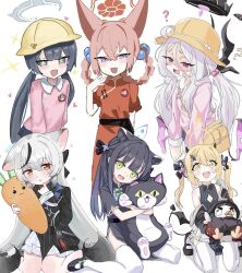 6+girls alternate_costume animal_ears black_hair blonde_hair blue_archive cosplay fox_ears grey_hair highres hina_(blue_archive) horns ibuki_(blue_archive) kindergarten_uniform kisaki_(blue_archive) kisaki_(kindergarten_uniform)_(blue_archive) kokona_(blue_archive) kokona_(blue_archive)_(cosplay) multiple_girls rumi_(blue_archive) rumi_(small)_(blue_archive) shun_(blue_archive) shun_(small)_(blue_archive) simple_background twitter utugu white_background white_hair