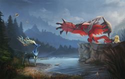 10s antlers blue_eyes claws creatures_(company) dekus diglett epic forest game_freak gen_1_pokemon gen_5_pokemon gen_6_pokemon highres horns lake legendary_pokemon magikarp monster mountain nature nintendo no_humans painting_(action) pidgeot pidgey pokemon pokemon_(creature) pokemon_xy psyduck sky swanna water wings xerneas yveltal