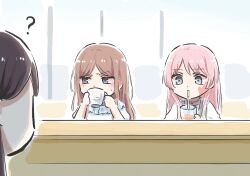 3girls ? bang_dream! bang_dream!_it&#039;s_mygo!!!!! black_hair blue_eyes blush brown_hair chihaya_anon commentary cup drinking_straw drinking_straw_in_mouth embarrassed grey_eyes holding holding_cup jewelry long_hair lyy multiple_girls nagasaki_soyo necklace pink_hair shiina_taki shirt sidelocks slap_mark slap_mark_on_face symbol-only_commentary white_shirt