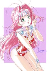 1girl absurdres artist_name belt birthday border breasts cleavage commentary cowboy_shot dated dutch_angle green_eyes groin hair_intakes hand_on_own_thigh hand_up headband highres leaning_forward leotard long_hair macross macross_7 mylene_jenius open_mouth outside_border pink_background pink_hair purple_belt red_leotard shoulder_pads signature simple_background small_breasts smile solo standing thighhighs v very_long_hair white_border white_headband wristband yoshinaga_masahiro