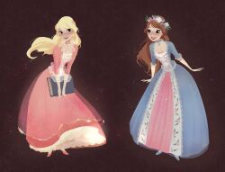 2girls anneliese_(barbie) argyle_clothes argyle_sleeves barbie_(franchise) barbie_as_the_princess_and_the_pauper black_background blonde_hair blue_choker blue_dress blue_eyes blue_flower blue_shoes blush book brown_hair center_frills choker closed_mouth commentary cross-laced_clothes cross-laced_dress dress english_commentary erika_(barbie) floral_print flower frilled_dress frilled_sleeves frills full_body happy head_wreath heart heart_choker high_heels highres holding holding_book leaf light_particles lipstick long_dress long_hair long_sleeves looking_at_another makeup multiple_girls petticoat pink_dress pink_flower pink_shoes purple_flower red_lips rose_print shoes short_sleeves simple_background smile square_neckline standing stardust_axel swept_bangs